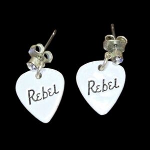 Recovered guitar pick earring with the word "Rebel" on it. . 20